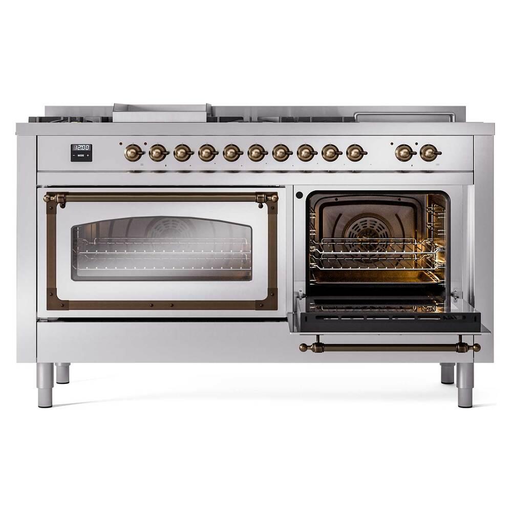 Ilve UN60FSNMPSSBLP Ilve Un60Fsnmpssblp Nostalgie Ii Noblesse 60" Dual Fuel Range (7 Sealed Burners + Griddle + French Top, Liquid Propane, Triple Glass Door, Stainless Steel, Burnished)