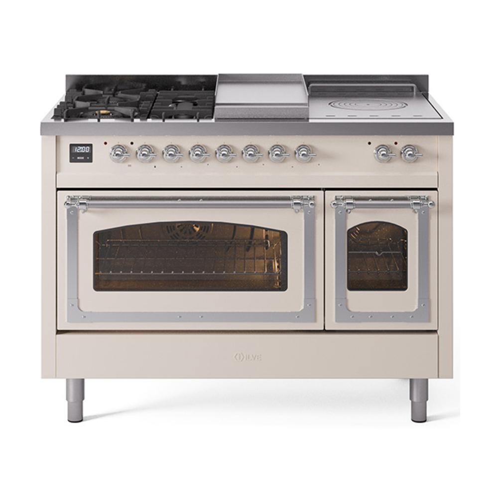 Ilve UN48FSNMPAWCLP Ilve Un48Fsnmpawclp Nostalgie Ii Noblesse 48" Dual Fuel Range (5 Sealed Burners + Griddle + French Top, Liquid Propane, Triple Glass Door, Antique White, Chrome)
