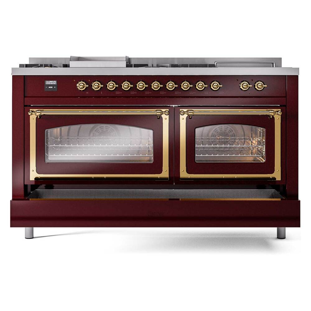 Ilve UN60FSNMPBUGLP Ilve Un60Fsnmpbuglp Nostalgie Ii Noblesse 60" Dual Fuel Range (7 Sealed Burners + Griddle + French Top, Liquid Propane, Triple Glass Door, Burgundy, Brass)