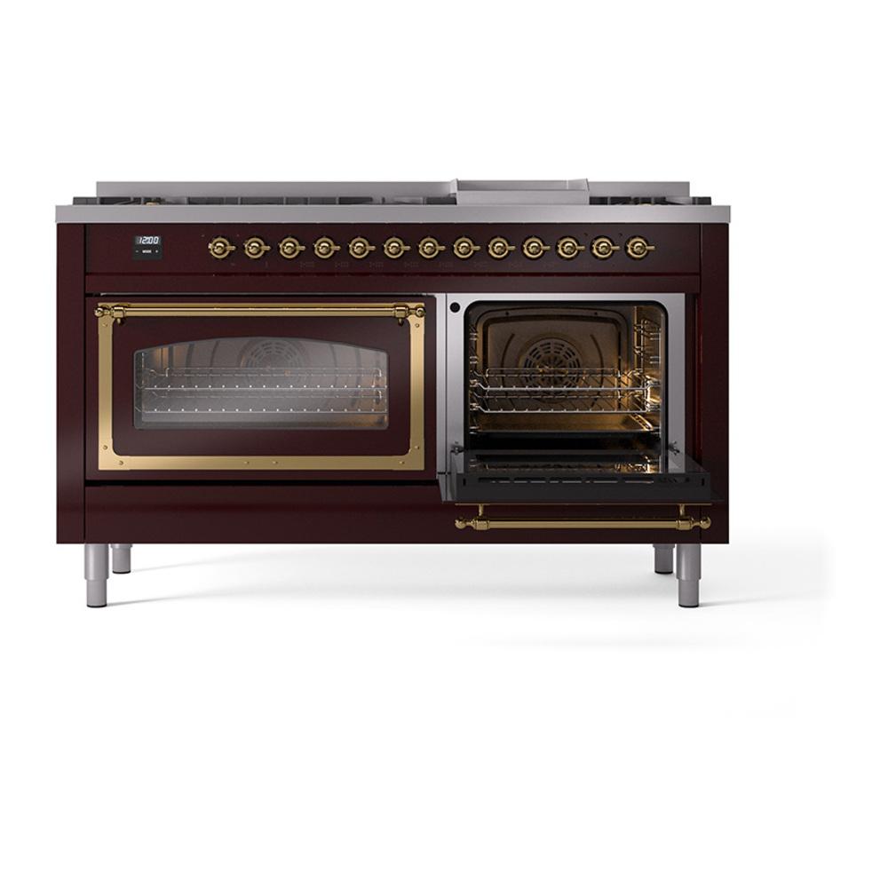 Ilve UN60FNMPBUG Ilve Un60Fnmpbug Nostalgie Ii Noblesse 60" Dual Fuel Range (9 Sealed Burners + Griddle, Natural Gas, Triple Glass Door, Burgundy, Brass)