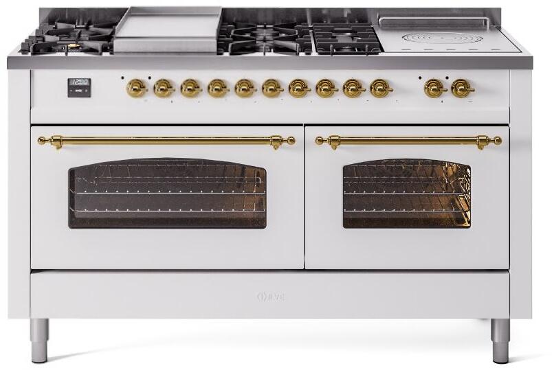 Ilve UP60FSNMPWHGLP Nostalgie Ii 60 Inch Dual Fuel Liquid Propane Freestanding Range In White With Brass Trim