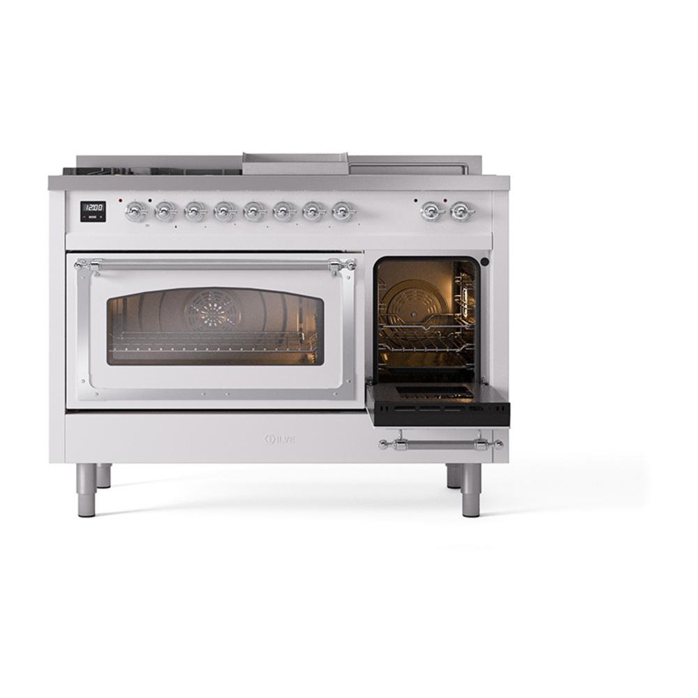 Ilve UN48FSNMPRACLP Ilve Un48Fsnmpraclp Nostalgie Ii Noblesse 48" Dual Fuel Range (5 Sealed Burners + Griddle + French Top, Liquid Propane, Triple Glass Door, Ral, Chrome)