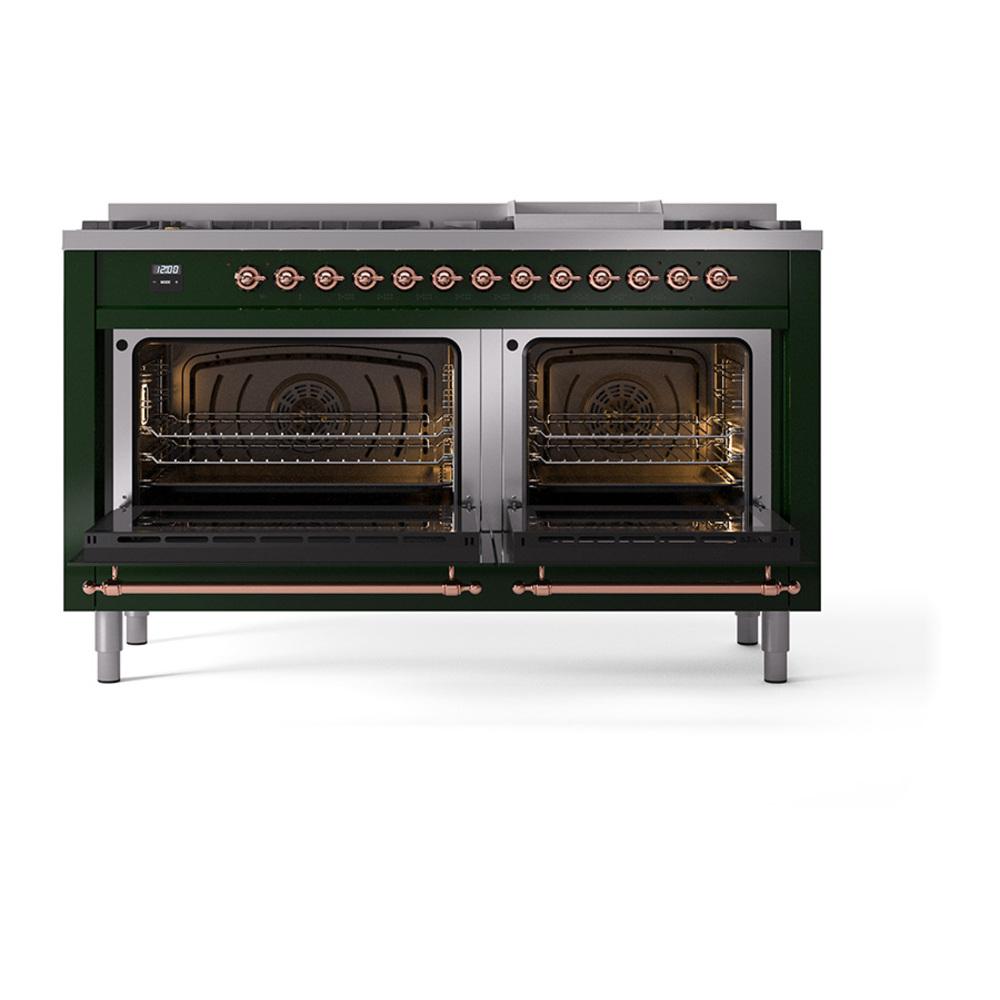 Ilve UN60FQNMPEGPLP Ilve Un60Fqnmpegplp Nostalgie Ii Noblesse 60" Dual Fuel Range (9 Sealed Burners + Griddle, Liquid Propane, Solid Door, Emerald Green, Copper)