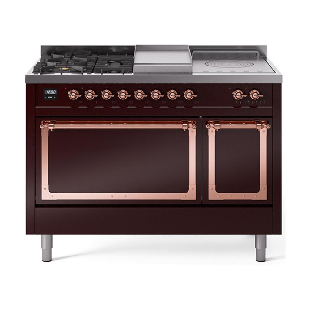 Ilve UN48FSQNMPBUP Ilve Un48Fsqnmpbup Nostalgie Ii Noblesse 48" Dual Fuel Range (5 Sealed Burners + Griddle + French Top, Natural Gas, Solid Door, Burgundy, Copper)