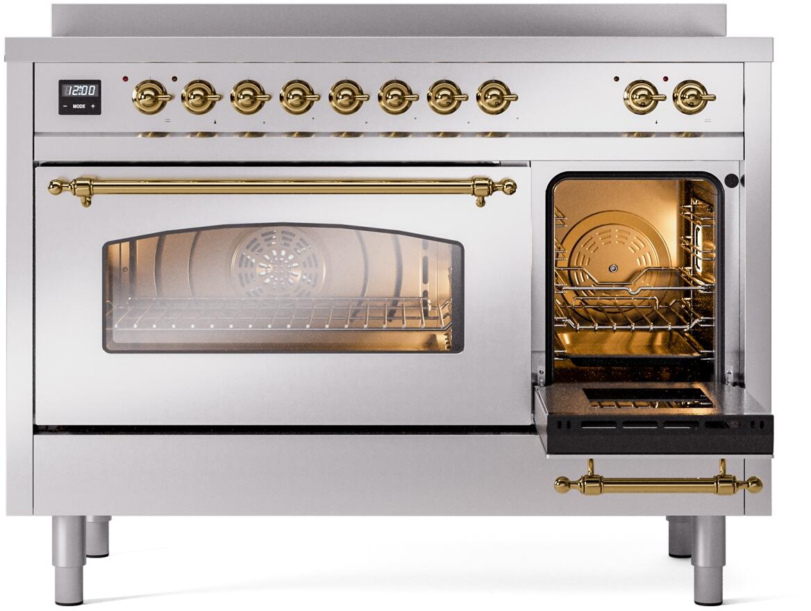 Ilve UPI486NMPSSG Nostalgie Ii 48 Inch Electric Freestanding Range In Stainless Steel With Brass Trim