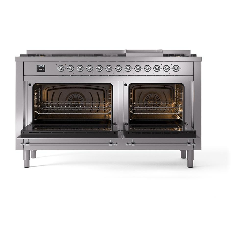 Ilve UN60FNMPSSCLP Ilve Un60Fnmpssclp Nostalgie Ii Noblesse 60" Dual Fuel Range (9 Sealed Burners + Griddle, Liquid Propane, Triple Glass Door, Stainless Steel, Chrome)