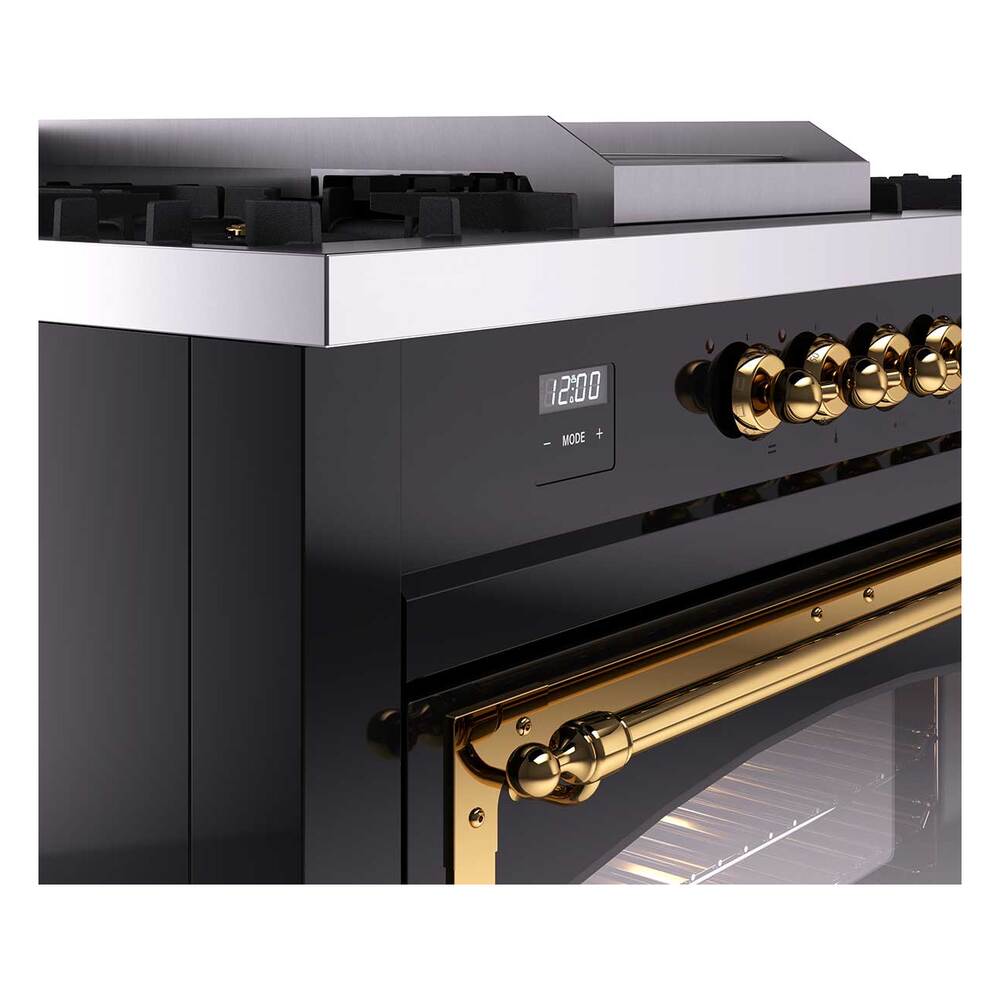 Ilve UN60FSNMPBKG Ilve Un60Fsnmpbkg Nostalgie Ii Noblesse 60" Dual Fuel Range (7 Sealed Burners + Griddle + French Top, Natural Gas, Triple Glass Door, Glossy Black, Brass)