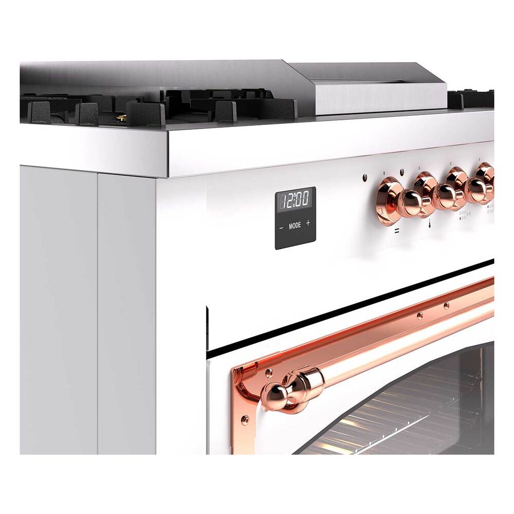 Ilve UN60FSNMPWHP Ilve Un60Fsnmpwhp Nostalgie Ii Noblesse 60" Dual Fuel Range (7 Sealed Burners + Griddle + French Top, Natural Gas, Triple Glass Door, White, Copper)