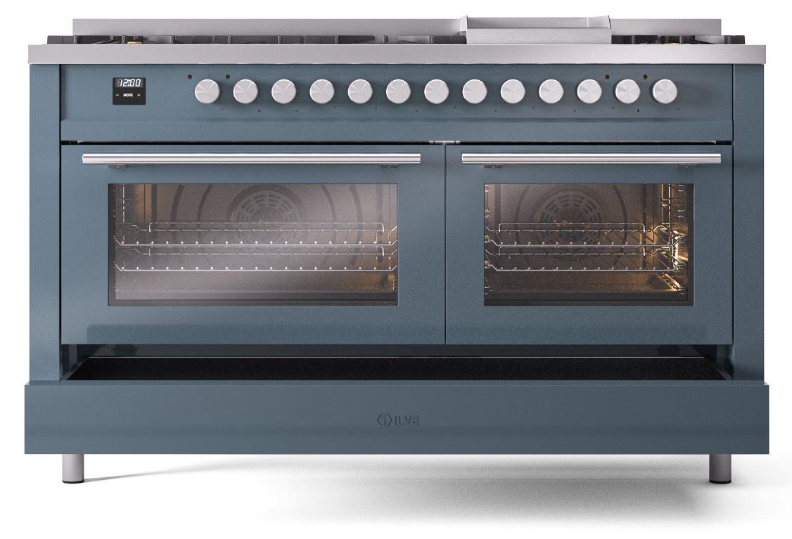 Ilve UP60FWMPBG Professional Plus Ii 60 Inch Dual Fuel Natural Gas Freestanding Range In Blue Grey With Trim