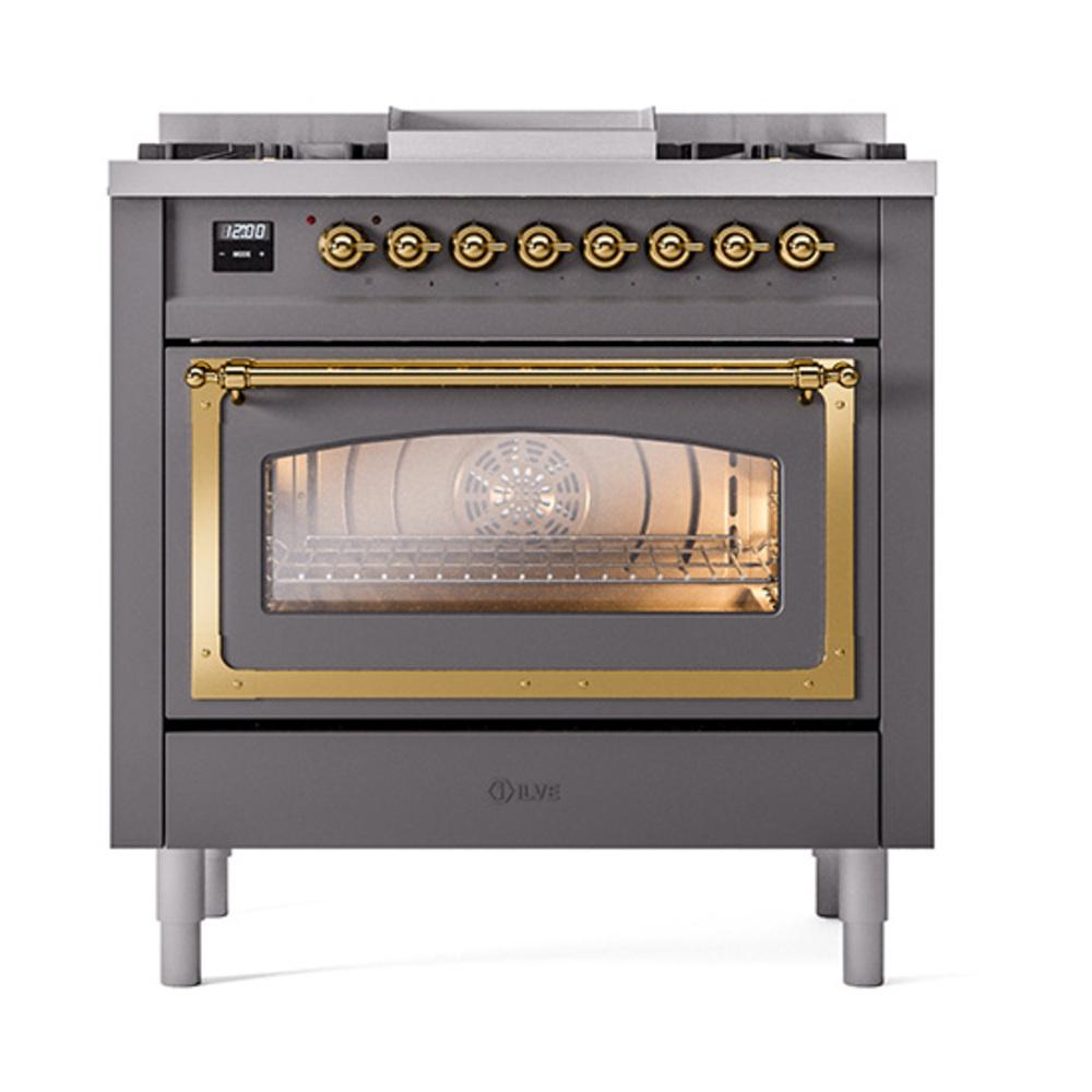Ilve UN36FNMPMGG Ilve Un36Fnmpmgg Nostalgie Ii Noblesse 36" Dual Fuel Range (Natural Gas, Triple Glass Door, Graphite Matte, Brass)