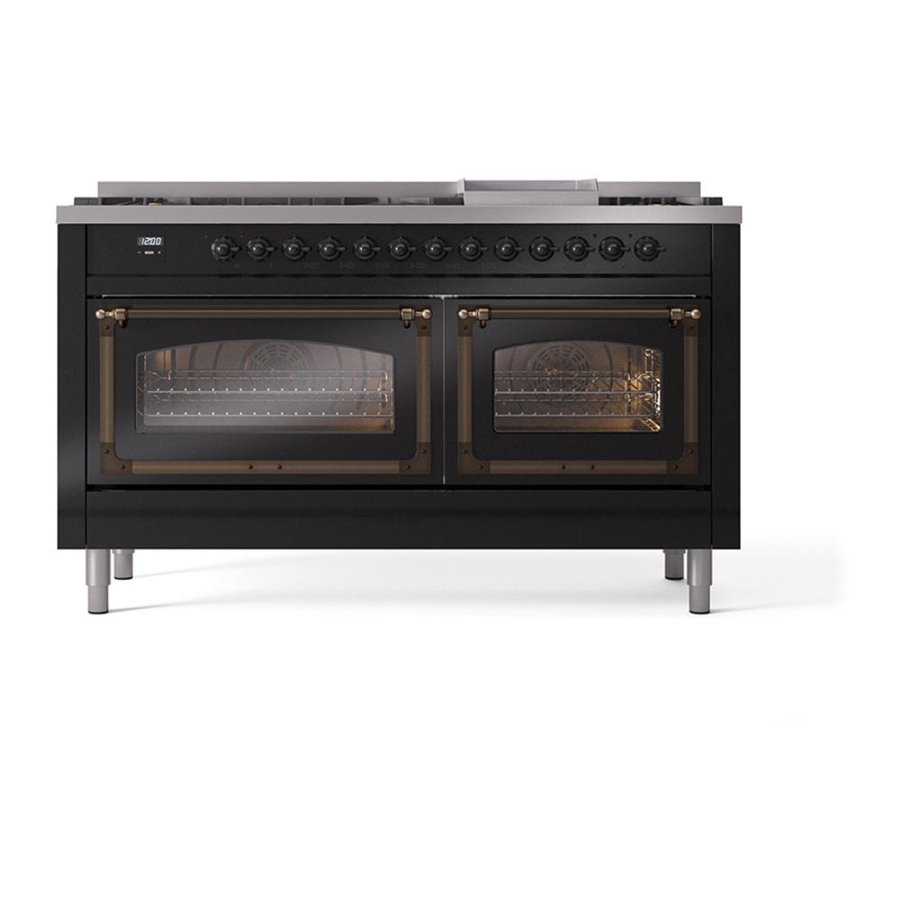 Ilve UN60FNMPBKB Ilve Un60Fnmpbkb Nostalgie Ii Noblesse 60" Dual Fuel Range (9 Sealed Burners + Griddle, Natural Gas, Triple Glass Door, Glossy Black, Burnished)