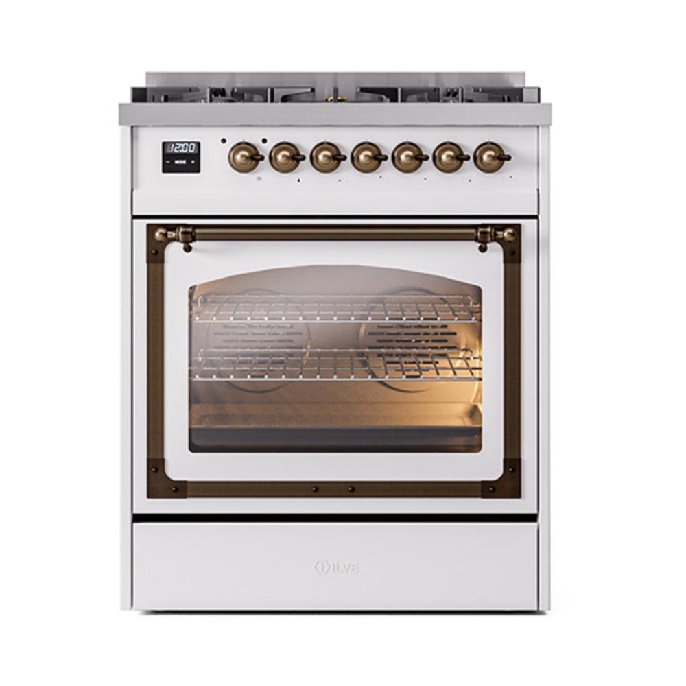 Ilve UN30NMPWHBLP Ilve Un30Nmpwhblp Nostalgie Ii Noblesse 30" Dual Fuel Range (Liquid Propane, Triple Glass Door, White, Burnished)