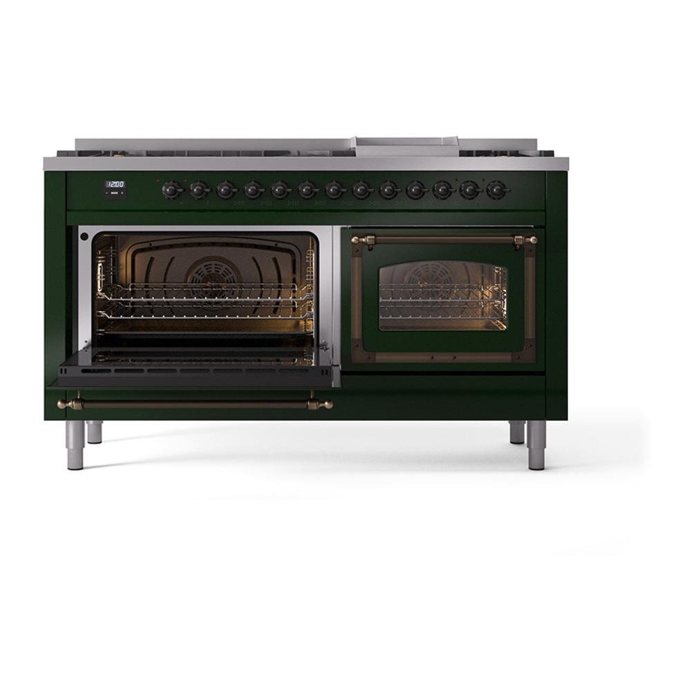Ilve UN60FNMPEGBLP Ilve Un60Fnmpegblp Nostalgie Ii Noblesse 60" Dual Fuel Range (9 Sealed Burners + Griddle, Liquid Propane, Triple Glass Door, Emerald Green, Burnished)