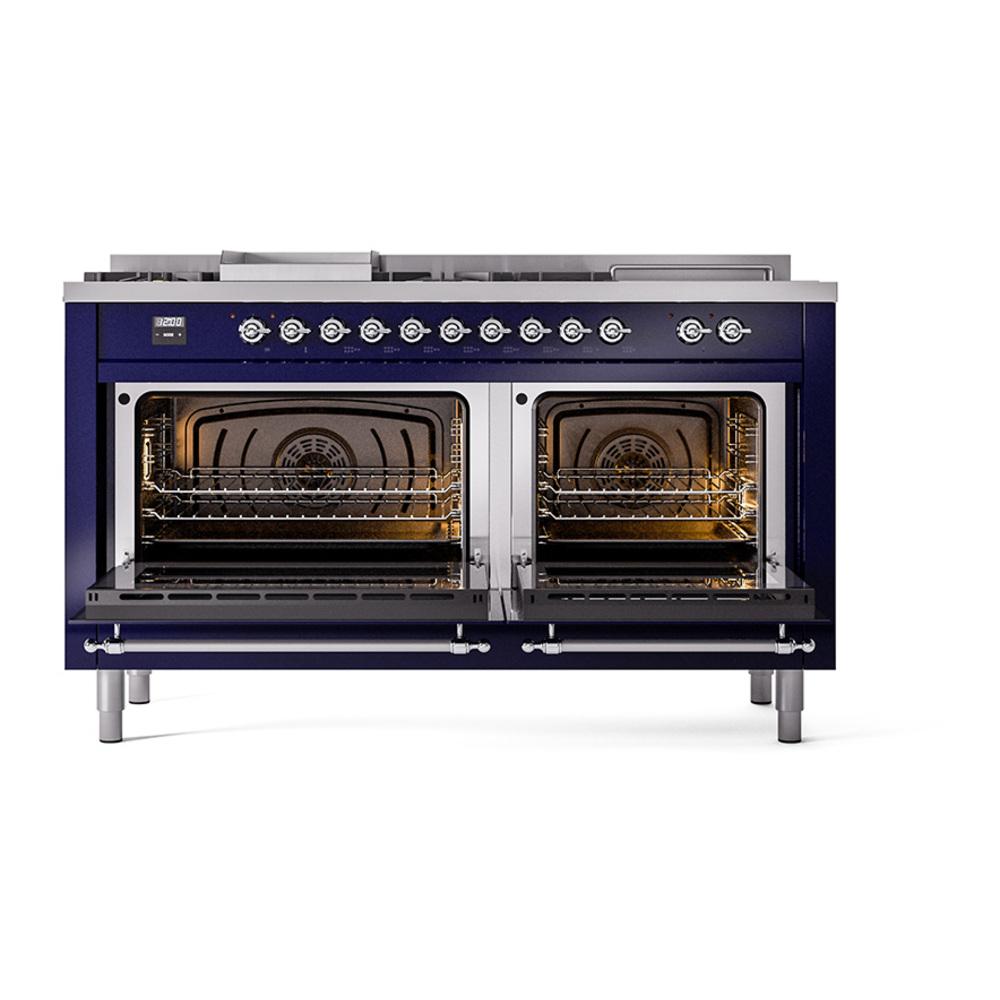 Ilve UN60FSNMPMBC Ilve Un60Fsnmpmbc Nostalgie Ii Noblesse 60" Dual Fuel Range (7 Sealed Burners + Griddle + French Top, Natural Gas, Triple Glass Door, Midnight Blue, Chrome)