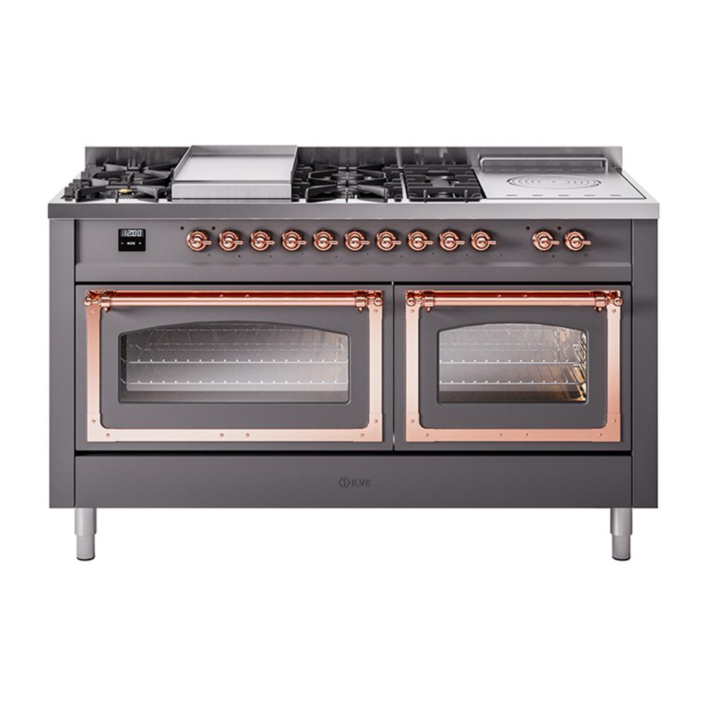 Ilve UN60FSNMPMGP Ilve Un60Fsnmpmgp Nostalgie Ii Noblesse 60" Dual Fuel Range (7 Sealed Burners + Griddle + French Top, Natural Gas, Triple Glass Door, Graphite Matte, Copper)