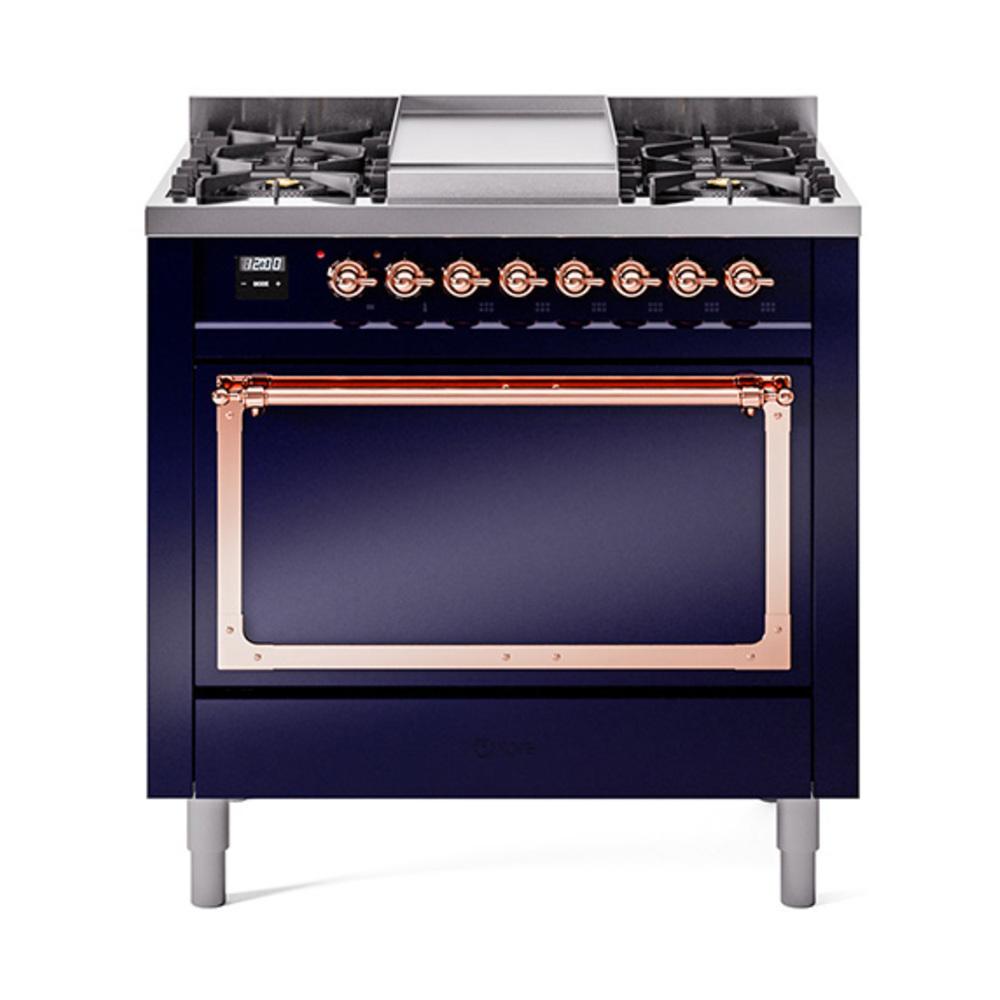 Ilve UN36FQNMPMBP Ilve Un36Fqnmpmbp Nostalgie Ii Noblesse 36" Dual Fuel Range (Natural Gas, Solid Door, Midnight Blue, Copper)