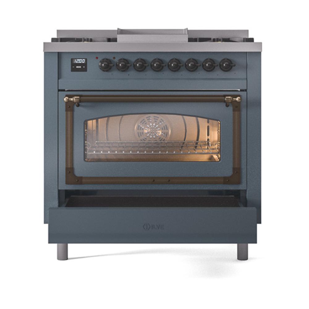 Ilve UN36FNMPBGB Ilve Un36Fnmpbgb Nostalgie Ii Noblesse 36" Dual Fuel Range (Natural Gas, Triple Glass Door, Blue Grey, Burnished)