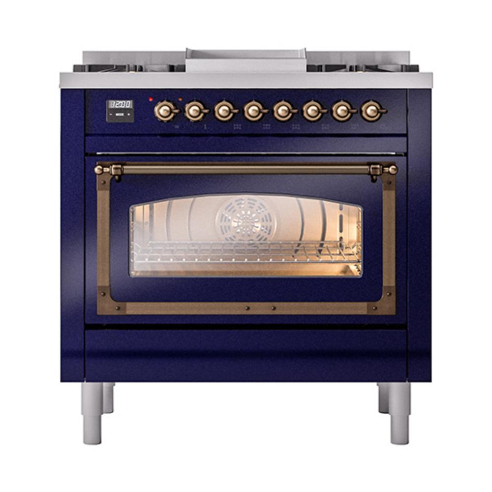 Ilve UN36FNMPMBB Ilve Un36Fnmpmbb Nostalgie Ii Noblesse 36" Dual Fuel Range (Natural Gas, Triple Glass Door, Midnight Blue, Burnished)
