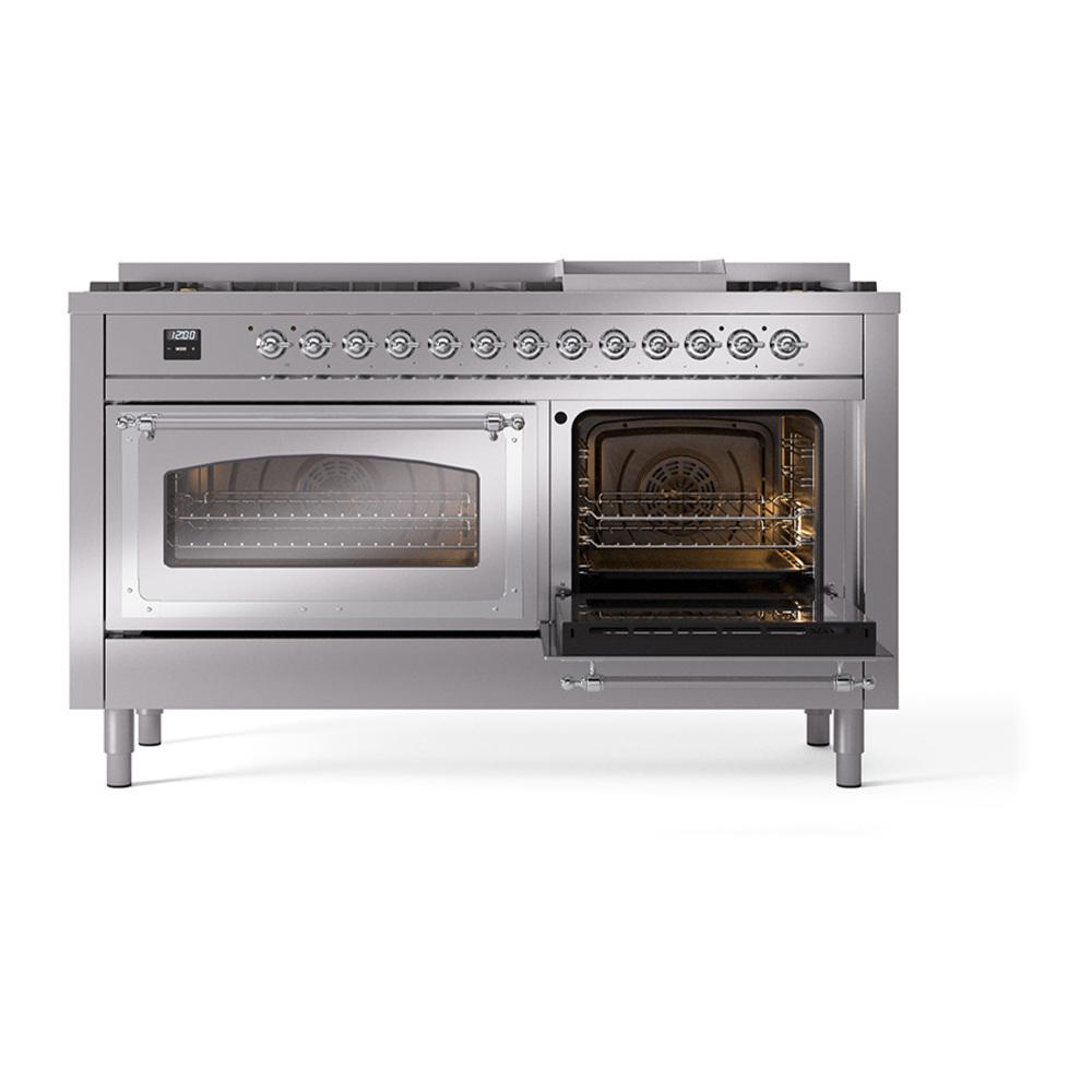 Ilve UN60FNMPSSCLP Ilve Un60Fnmpssclp Nostalgie Ii Noblesse 60" Dual Fuel Range (9 Sealed Burners + Griddle, Liquid Propane, Triple Glass Door, Stainless Steel, Chrome)