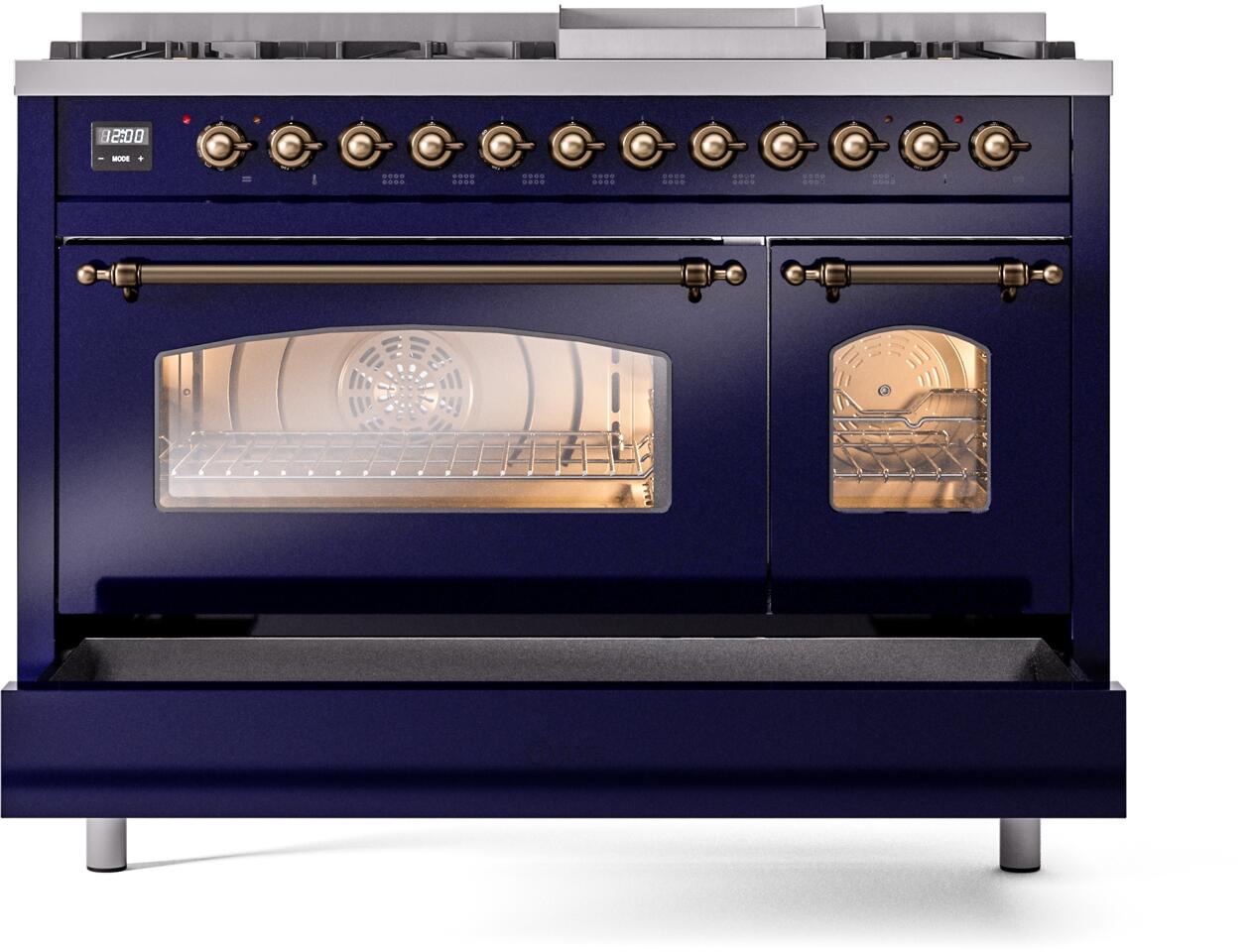 Ilve UP48FNMPMBBLP Nostalgie Ii 48 Inch Dual Fuel Liquid Propane Freestanding Range In Blue With Bronze Trim
