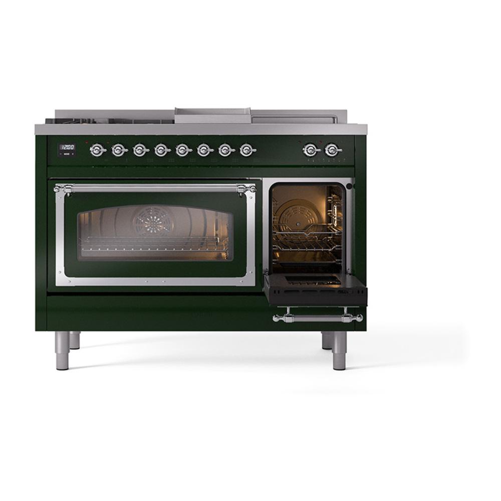 Ilve UN48FSNMPEGCLP Ilve Un48Fsnmpegclp Nostalgie Ii Noblesse 48" Dual Fuel Range (5 Sealed Burners + Griddle + French Top, Liquid Propane, Triple Glass Door, Emerald Green, Chrome)