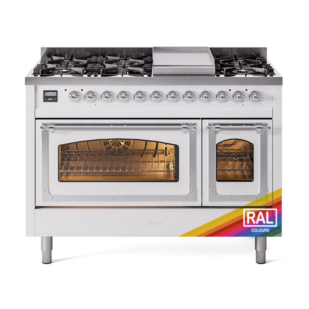 Ilve UN48FNMPRAC Ilve Un48Fnmprac Nostalgie Ii Noblesse 48" Dual Fuel Range (8 Sealed Burners + Griddle, Natural Gas, Triple Glass Door, Ral, Chrome)