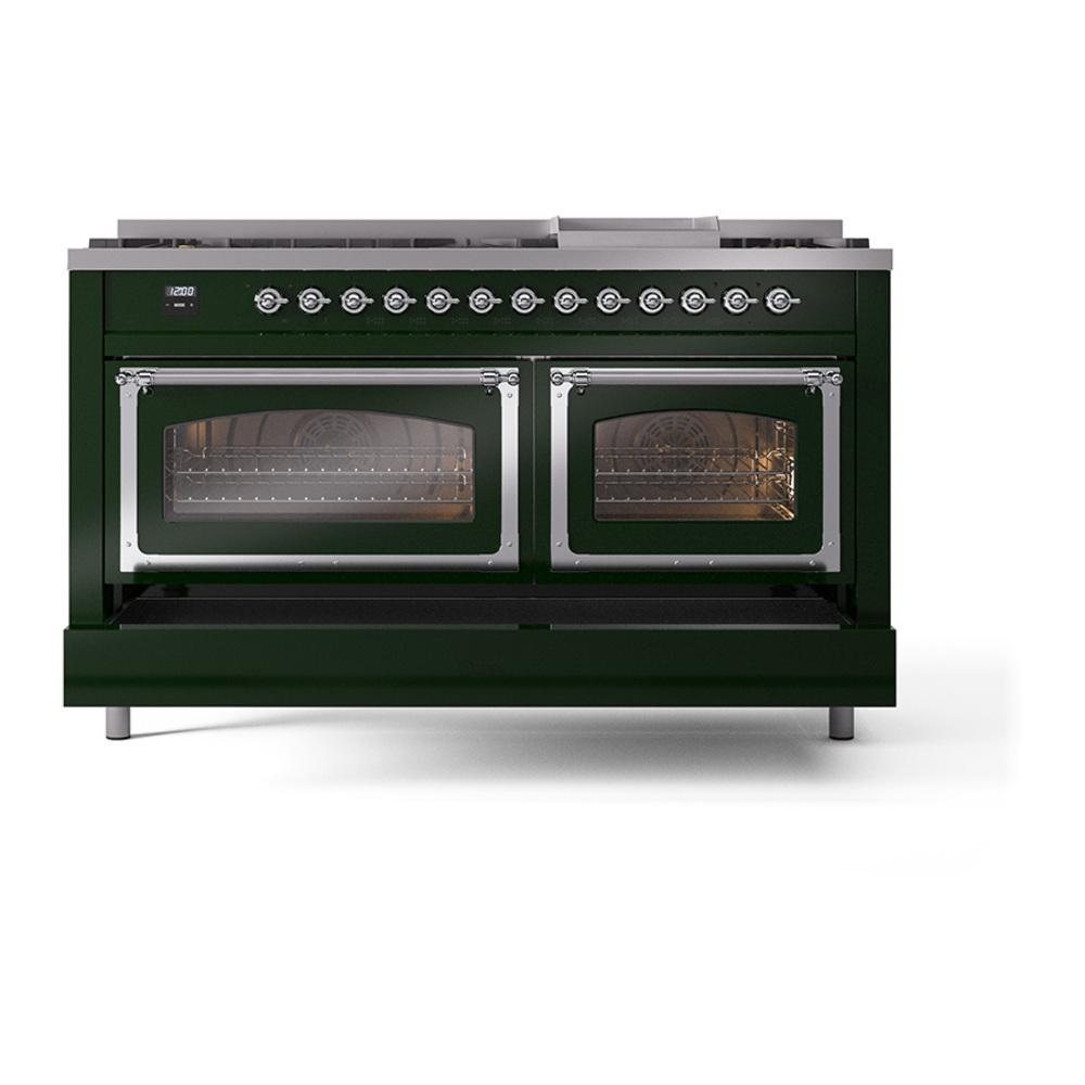 Ilve UN60FNMPEGCLP Ilve Un60Fnmpegclp Nostalgie Ii Noblesse 60" Dual Fuel Range (9 Sealed Burners + Griddle, Liquid Propane, Triple Glass Door, Emerald Green, Chrome)