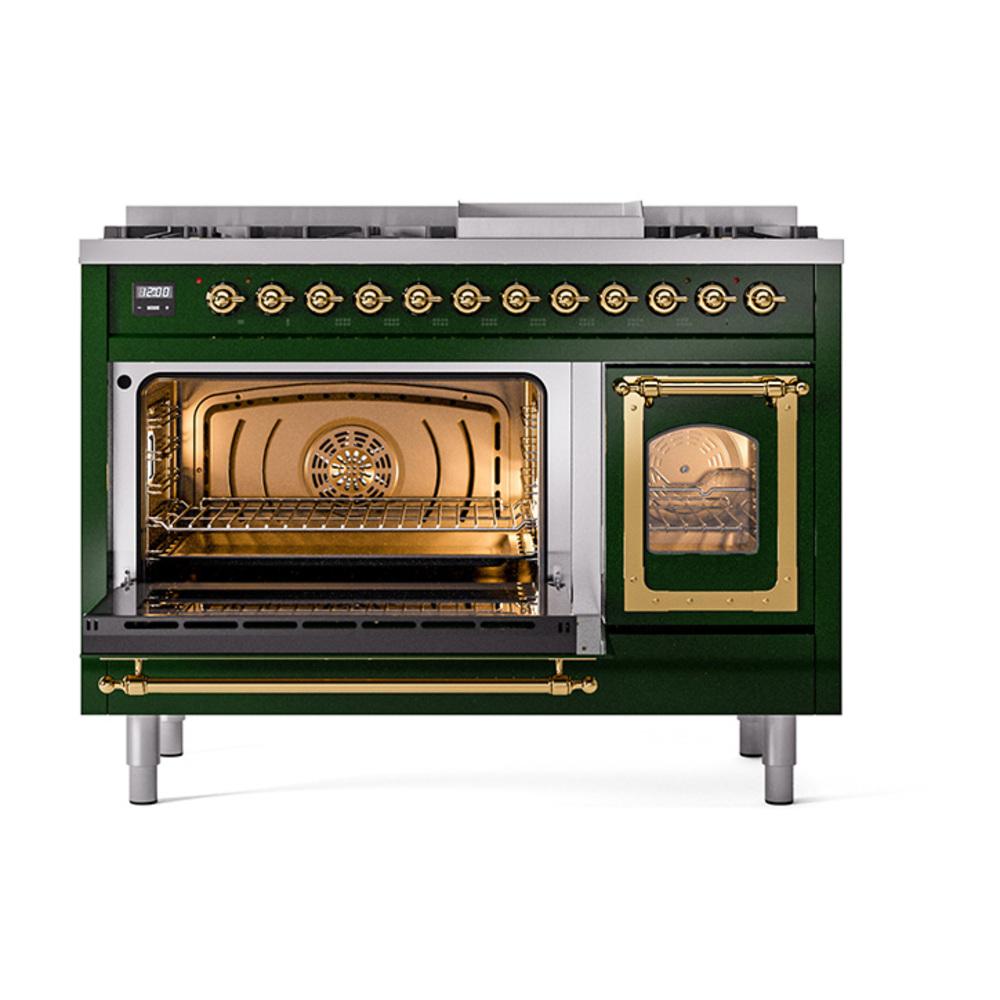 Ilve UN48FNMPEGGLP Ilve Un48Fnmpegglp Nostalgie Ii Noblesse 48" Dual Fuel Range (8 Sealed Burners + Griddle, Liquid Propane, Triple Glass Door, Emerald Green, Brass)
