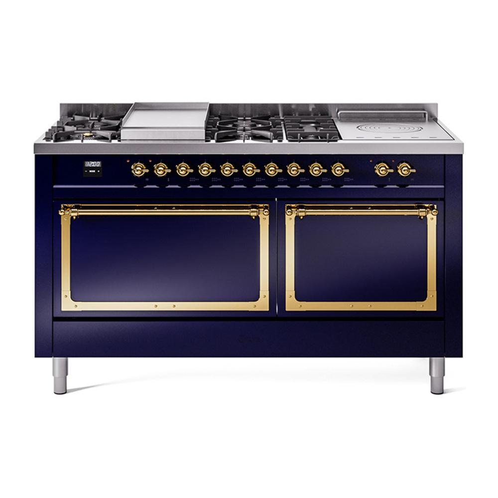 Ilve UN60FSQNMPMBGLP Ilve Un60Fsqnmpmbglp Nostalgie Ii Noblesse 60" Dual Fuel Range (7 Sealed Burners + Griddle + French Top, Liquid Propane, Solid Door, Midnight Blue, Brass)
