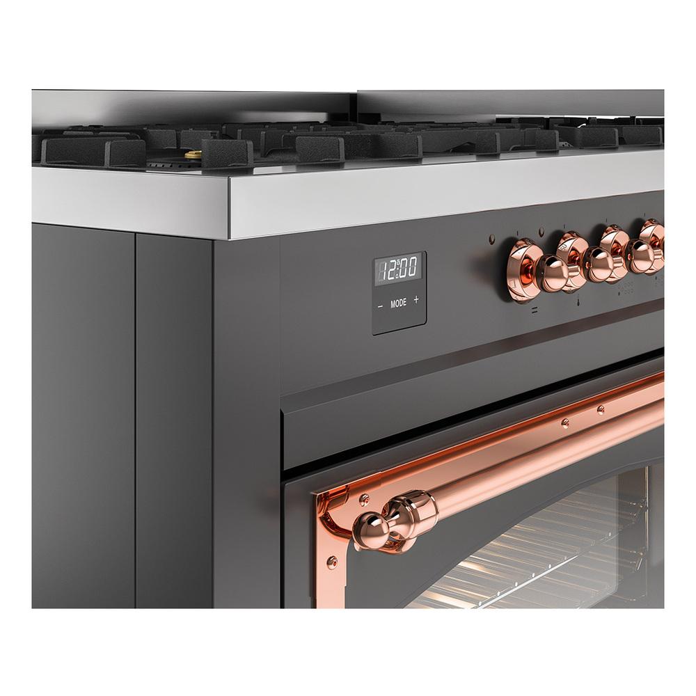 Ilve UN60FNMPMGPLP Ilve Un60Fnmpmgplp Nostalgie Ii Noblesse 60" Dual Fuel Range (9 Sealed Burners + Griddle, Liquid Propane, Triple Glass Door, Graphite Matte, Copper)