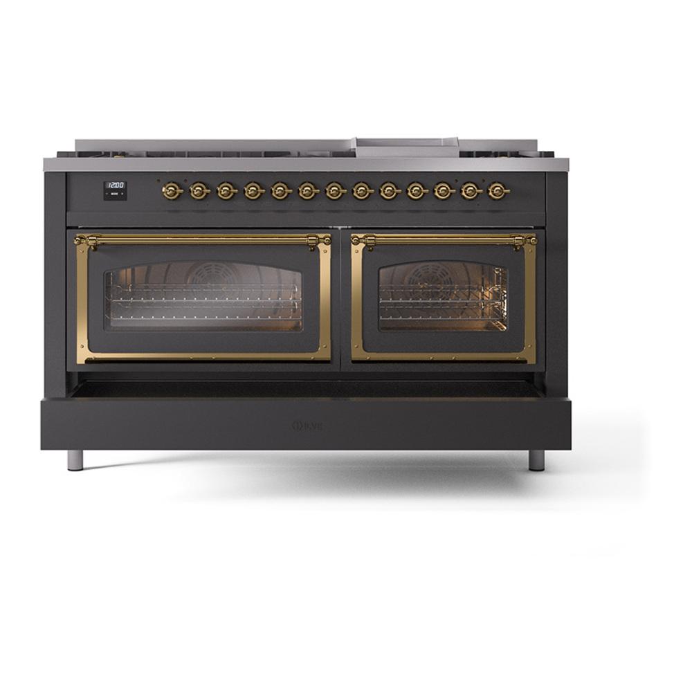 Ilve UN60FNMPMGG Ilve Un60Fnmpmgg Nostalgie Ii Noblesse 60" Dual Fuel Range (9 Sealed Burners + Griddle, Natural Gas, Triple Glass Door, Graphite Matte, Brass)