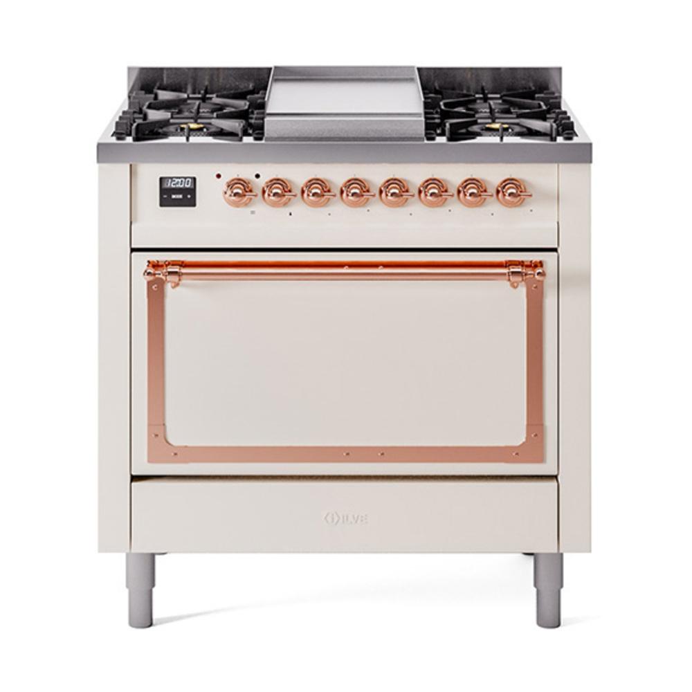 Ilve UN36FQNMPAWP Ilve Un36Fqnmpawp Nostalgie Ii Noblesse 36" Dual Fuel Range (Natural Gas, Solid Door, Antique White, Copper)