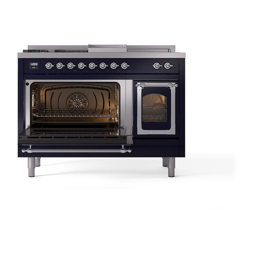 Ilve UN48FSNMPMBC Ilve Un48Fsnmpmbc Nostalgie Ii Noblesse 48" Dual Fuel Range (5 Sealed Burners + Griddle + French Top, Natural Gas, Triple Glass Door, Midnight Blue, Chrome)