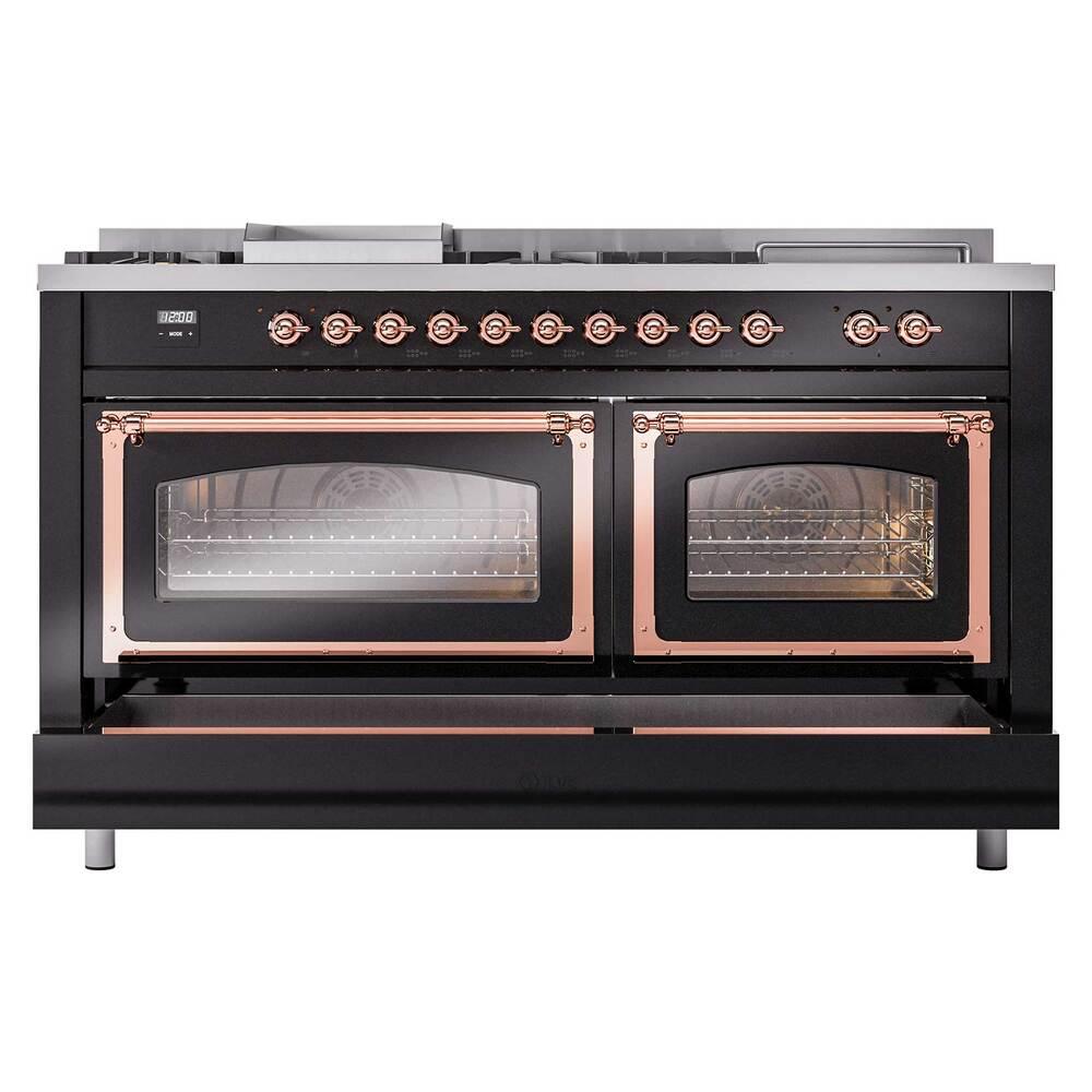 Ilve UN60FSNMPBKP Ilve Un60Fsnmpbkp Nostalgie Ii Noblesse 60" Dual Fuel Range (7 Sealed Burners + Griddle + French Top, Natural Gas, Triple Glass Door, Glossy Black, Copper)