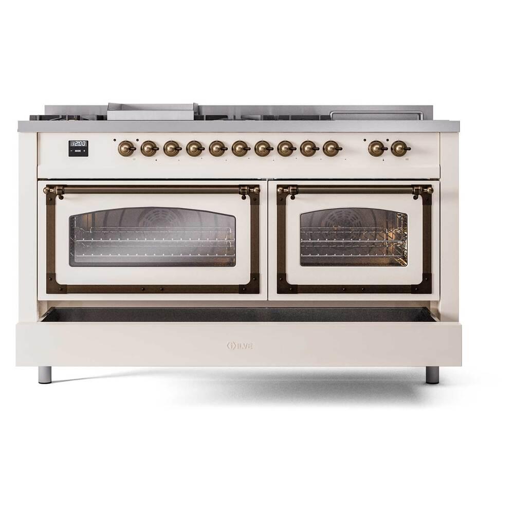 Ilve UN60FSNMPAWBLP Ilve Un60Fsnmpawblp Nostalgie Ii Noblesse 60" Dual Fuel Range (7 Sealed Burners + Griddle + French Top, Liquid Propane, Triple Glass Door, Antique White, Burnished)