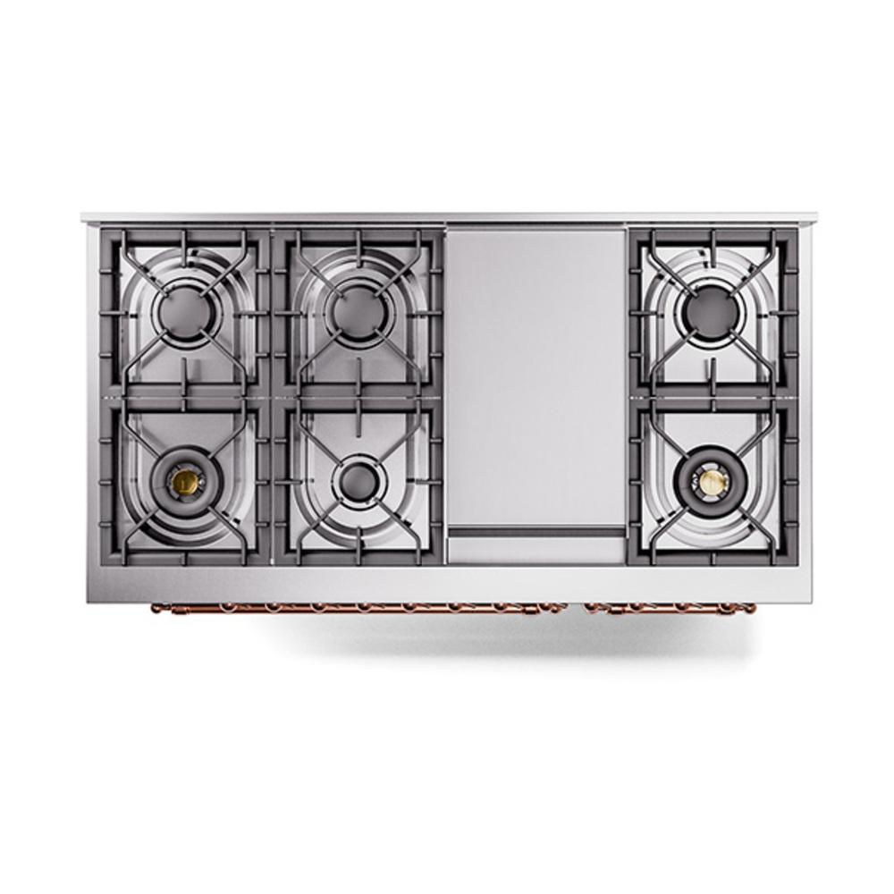 Ilve UN48FQNMPBKP Ilve Un48Fqnmpbkp Nostalgie Ii Noblesse 48" Dual Fuel Range (8 Sealed Burners + Griddle, Natural Gas, Solid Door, Glossy Black, Copper)