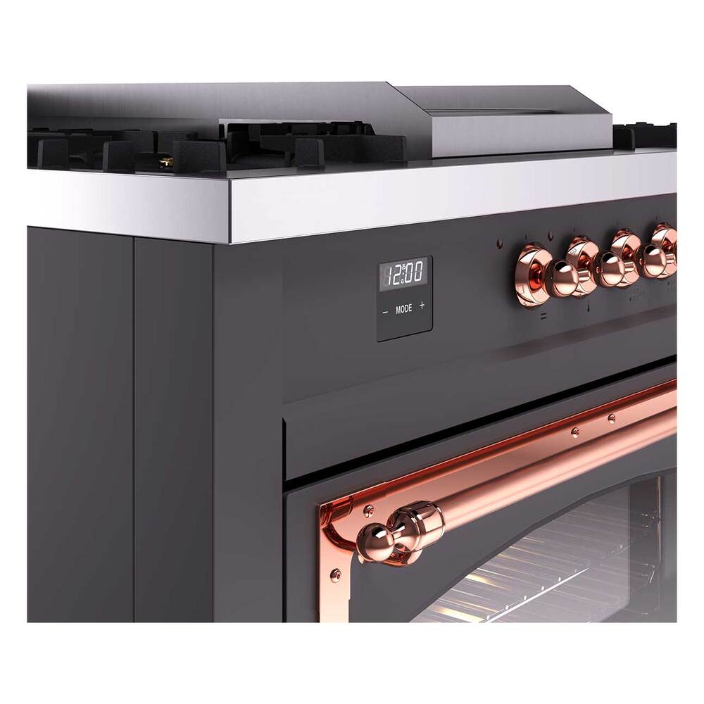 Ilve UN60FSNMPMGP Ilve Un60Fsnmpmgp Nostalgie Ii Noblesse 60" Dual Fuel Range (7 Sealed Burners + Griddle + French Top, Natural Gas, Triple Glass Door, Graphite Matte, Copper)