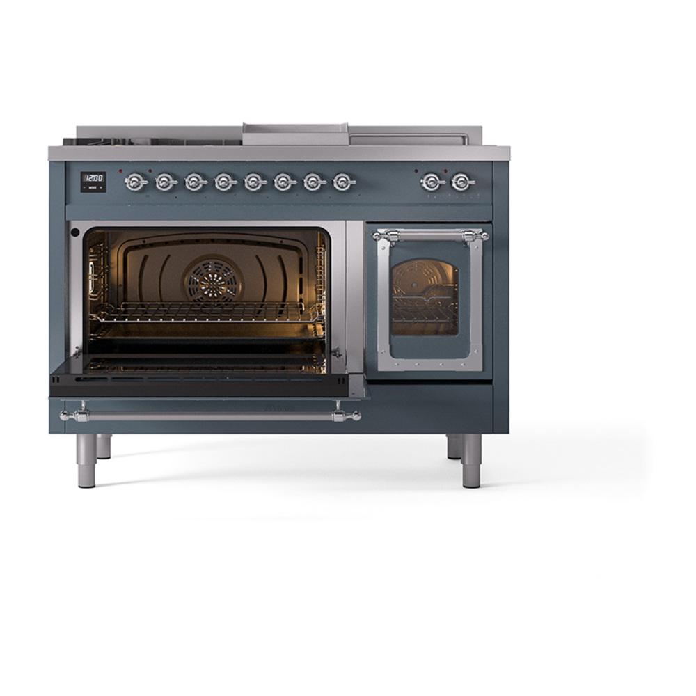 Ilve UN48FSNMPBGC Ilve Un48Fsnmpbgc Nostalgie Ii Noblesse 48" Dual Fuel Range (5 Sealed Burners + Griddle + French Top, Natural Gas, Triple Glass Door, Blue Grey, Chrome)
