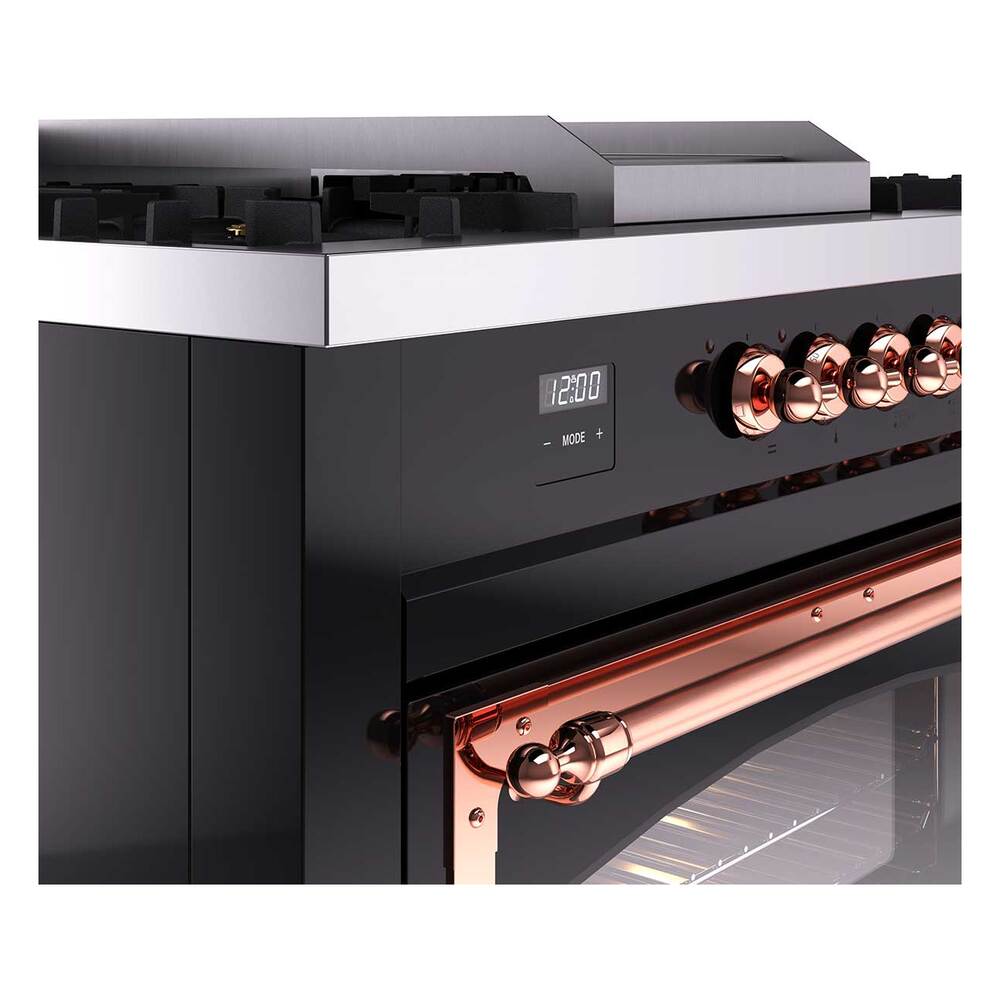 Ilve UN60FSNMPBKP Ilve Un60Fsnmpbkp Nostalgie Ii Noblesse 60" Dual Fuel Range (7 Sealed Burners + Griddle + French Top, Natural Gas, Triple Glass Door, Glossy Black, Copper)