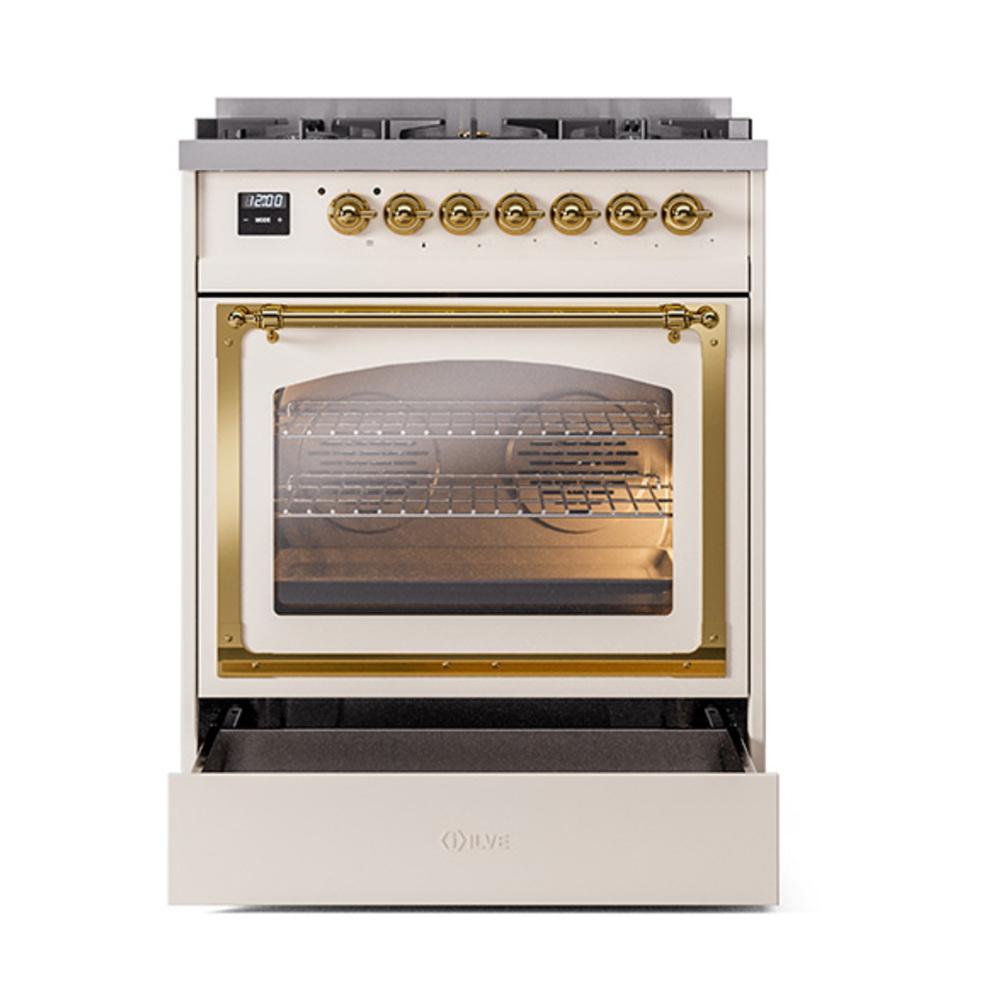 Ilve UN30NMPAWG Ilve Un30Nmpawg Nostalgie Ii Noblesse 30" Dual Fuel Range (Natural Gas, Triple Glass Door, Antique White, Brass)