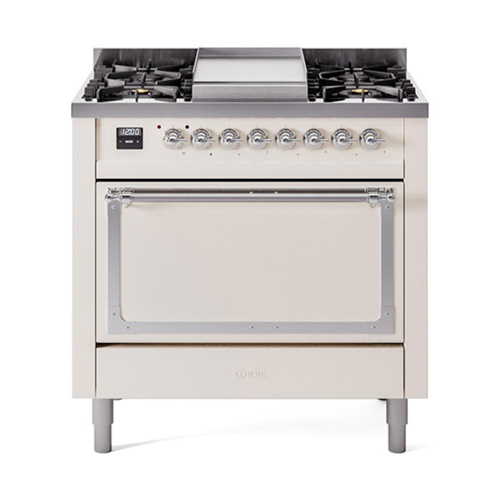 Ilve UN36FQNMPAWC Ilve Un36Fqnmpawc Nostalgie Ii Noblesse 36" Dual Fuel Range (Natural Gas, Solid Door, Antique White, Chrome)