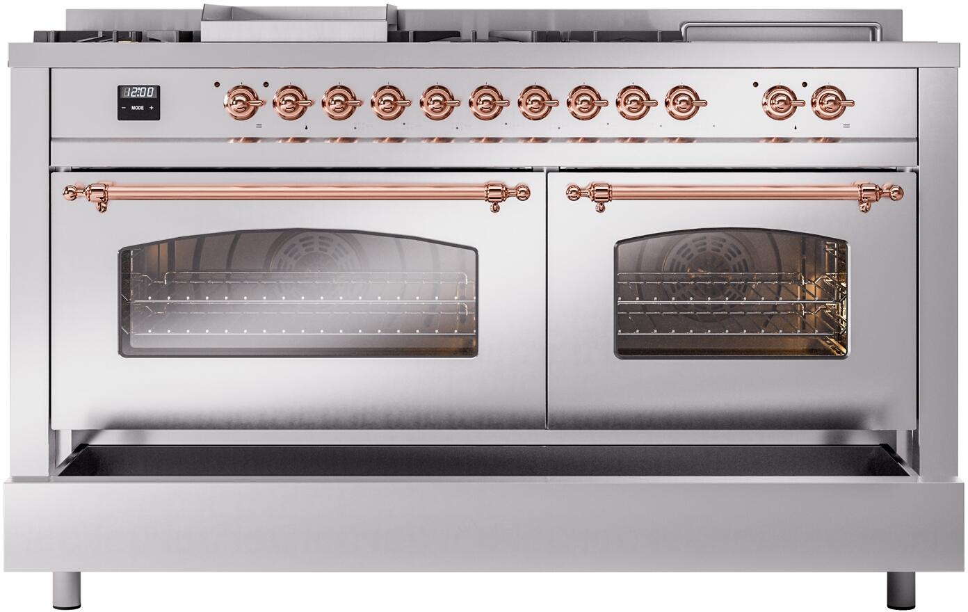 Ilve UP60FSNMPSSPLP Nostalgie Ii 60 Inch Dual Fuel Liquid Propane Freestanding Range In Stainless Steel With Copper Trim