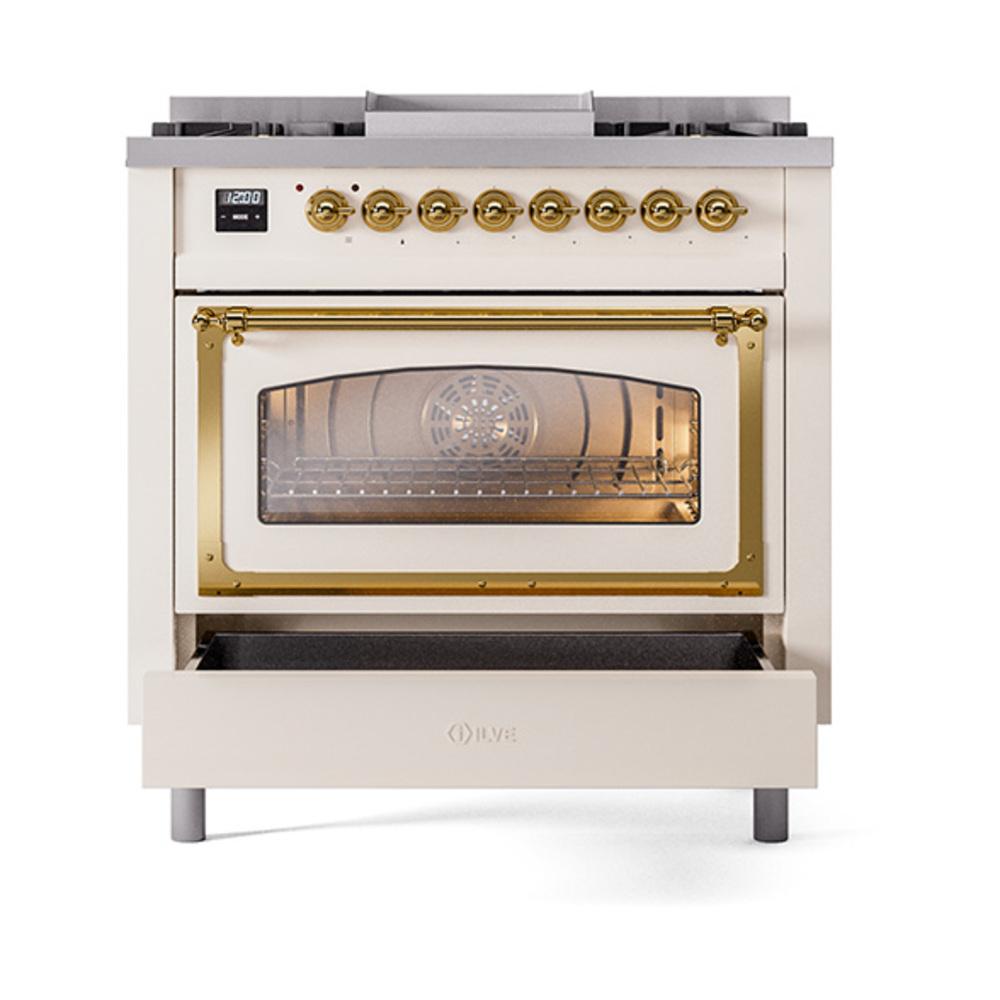 Ilve UN36FNMPAWGLP Ilve Un36Fnmpawglp Nostalgie Ii Noblesse 36" Dual Fuel Range (Liquid Propane, Triple Glass Door, Antique White, Brass)