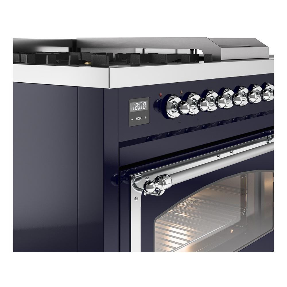 Ilve UN48FSNMPMBC Ilve Un48Fsnmpmbc Nostalgie Ii Noblesse 48" Dual Fuel Range (5 Sealed Burners + Griddle + French Top, Natural Gas, Triple Glass Door, Midnight Blue, Chrome)