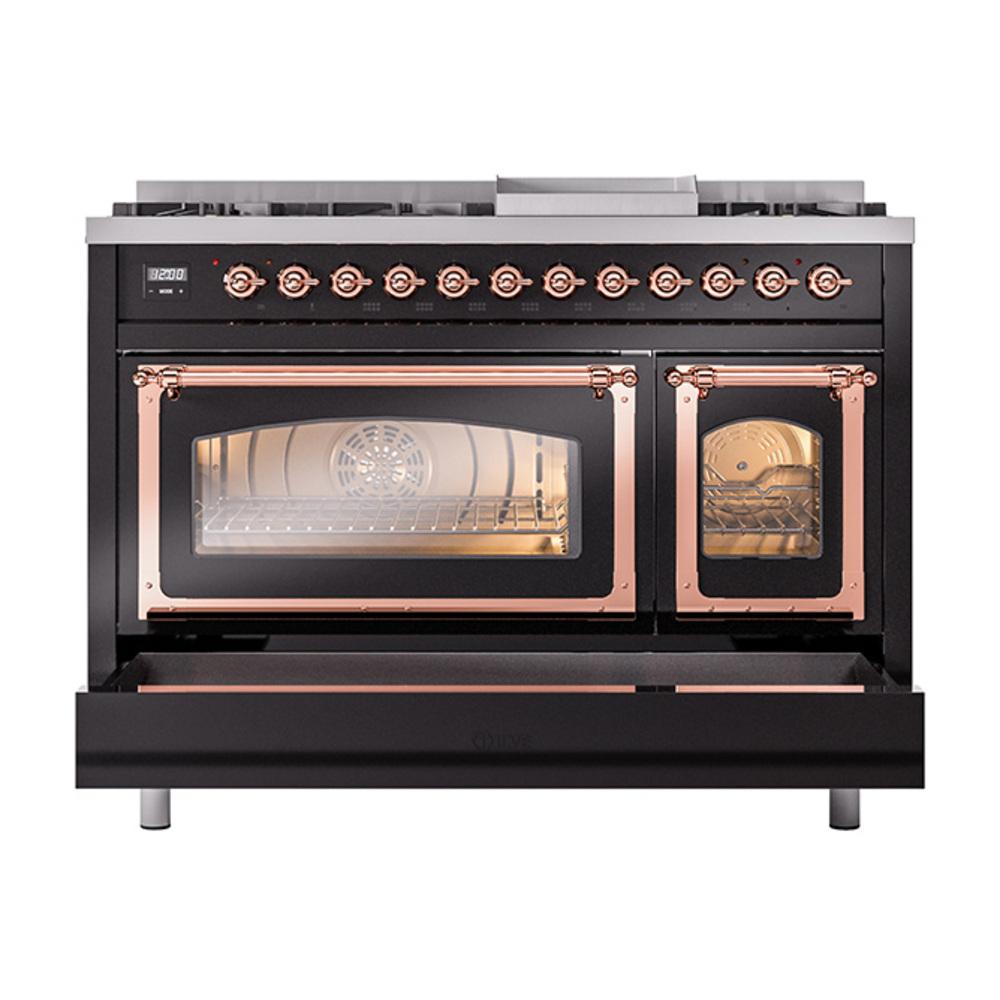 Ilve UN48FNMPBKP Ilve Un48Fnmpbkp Nostalgie Ii Noblesse 48" Dual Fuel Range (8 Sealed Burners + Griddle, Natural Gas, Triple Glass Door, Glossy Black, Copper)