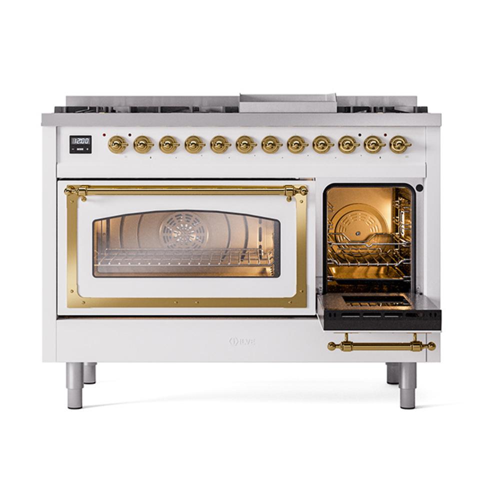 Ilve UN48FNMPRAGLP Ilve Un48Fnmpraglp Nostalgie Ii Noblesse 48" Dual Fuel Range (8 Sealed Burners + Griddle, Liquid Propane, Triple Glass Door, Ral, Brass)