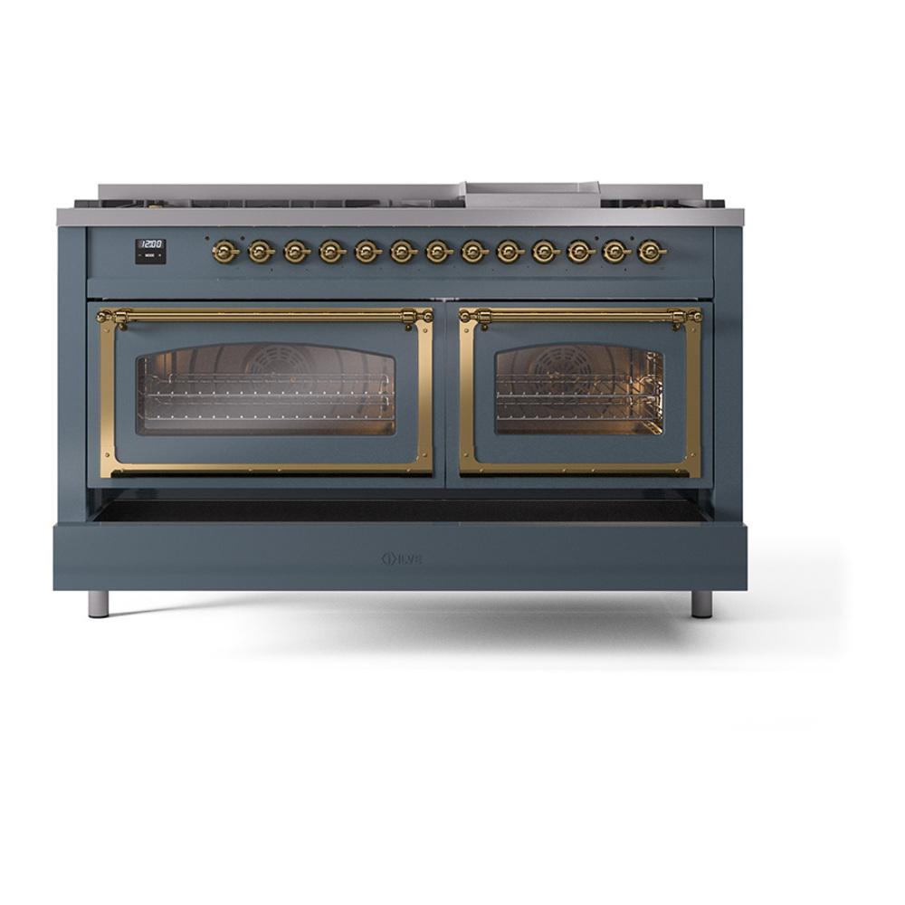 Ilve UN60FNMPBGGLP Ilve Un60Fnmpbgglp Nostalgie Ii Noblesse 60" Dual Fuel Range (9 Sealed Burners + Griddle, Liquid Propane, Triple Glass Door, Blue Grey, Brass)