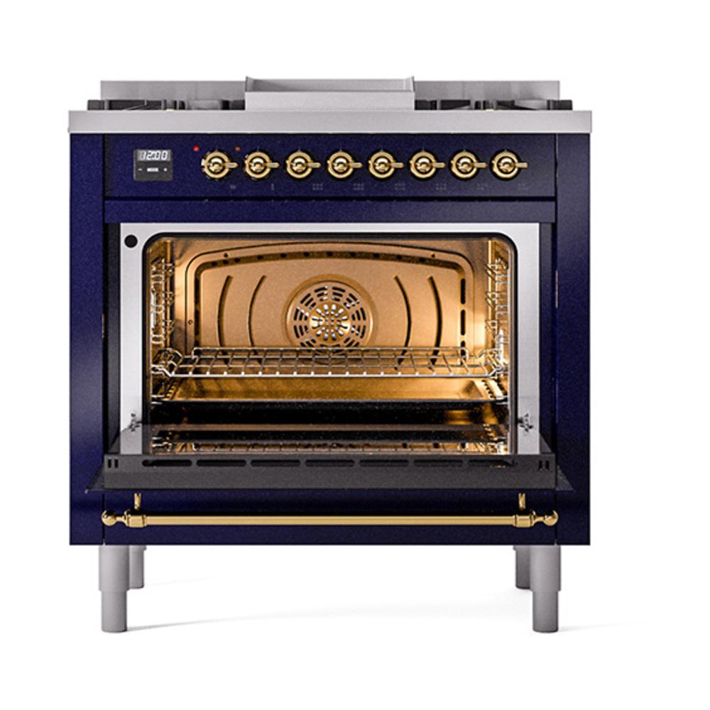 Ilve UN36FQNMPMBGLP Ilve Un36Fqnmpmbglp Nostalgie Ii Noblesse 36" Dual Fuel Range (Liquid Propane, Solid Door, Midnight Blue, Brass)