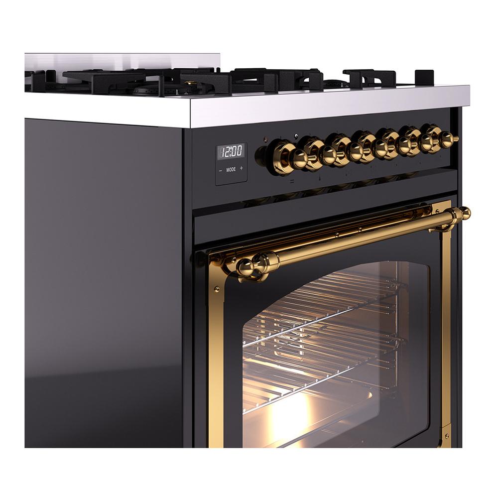 Ilve UN30NMPBKG Ilve Un30Nmpbkg Nostalgie Ii Noblesse 30" Dual Fuel Range (Natural Gas, Triple Glass Door, Glossy Black, Brass)