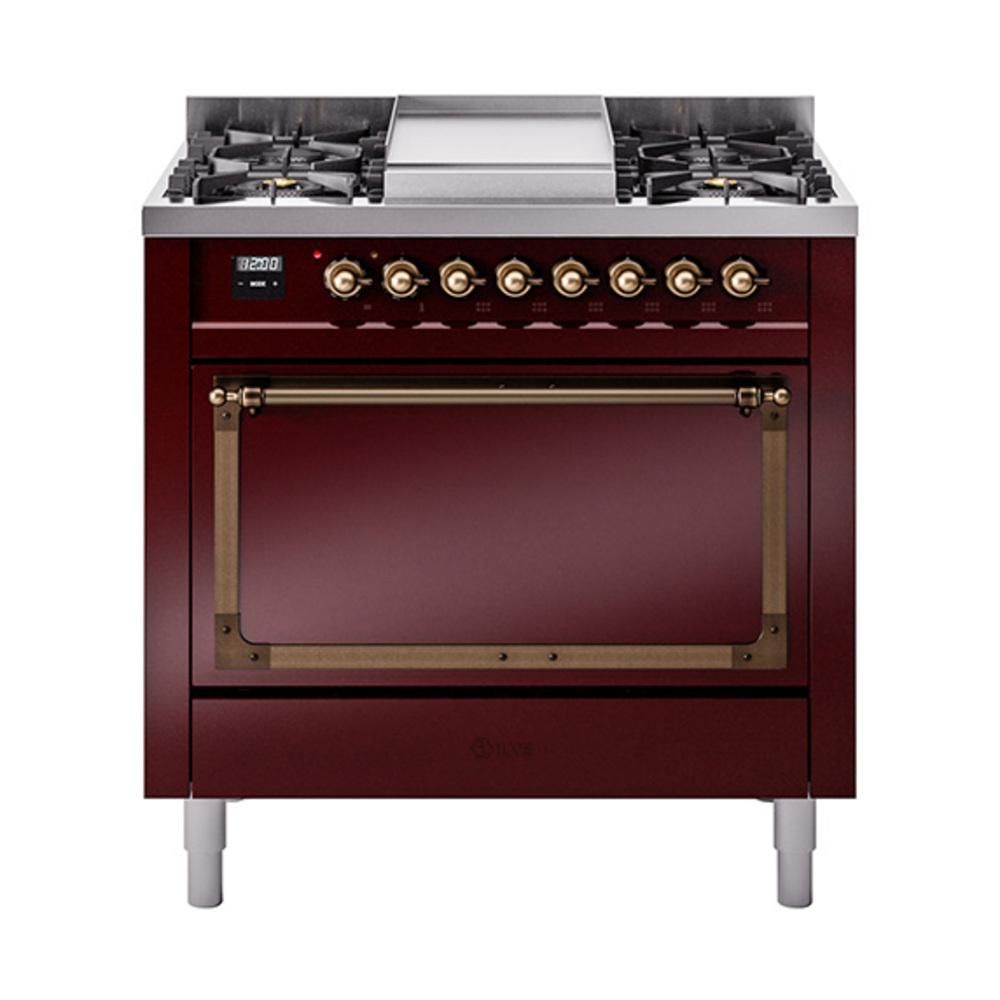 Ilve UN36FQNMPBUBLP Ilve Un36Fqnmpbublp Nostalgie Ii Noblesse 36" Dual Fuel Range (Liquid Propane, Solid Door, Burgundy, Burnished)